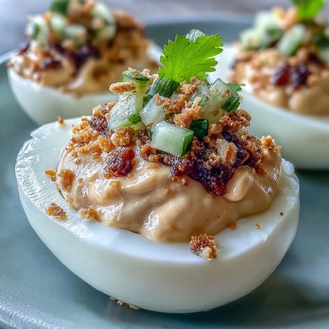 Thai Peanut Deviled Eggs with Cucumber Relish, a creamy, spicy appetizer with fresh cucumber relish and crushed peanuts for crunch.
