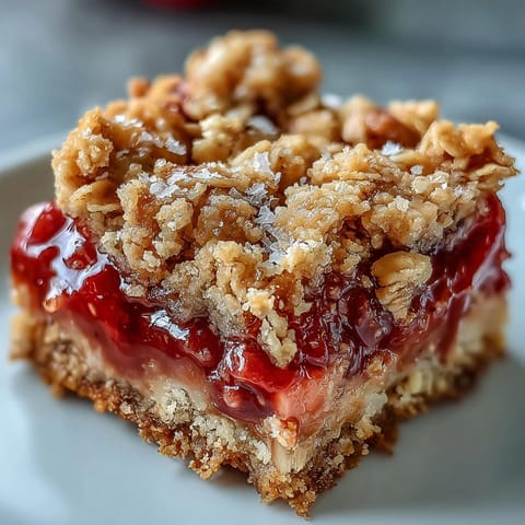 Strawberry rhubarb crumble bars with golden oat topping and juicy fruit filling, perfect for spring gatherings.