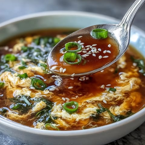 Homemade Egg Drop Soup with silky egg ribbons in a savory broth garnished with fresh scallions.