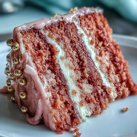 A stunning blush-pink velvet cake infused with rosé wine, layered with creamy frosting and crowned with an elegant gold drip for bridal showers.