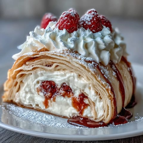 Elegant crepe roll cake with delicate layers of crepes and sweetened whipped cream, topped with fresh berries and a dusting of powdered sugar.