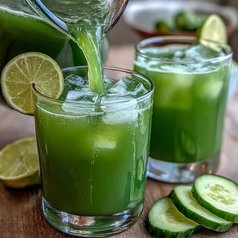 A hydrating cucumber mint agua fresca garnished with lime wedges and mint sprigs, served over ice.