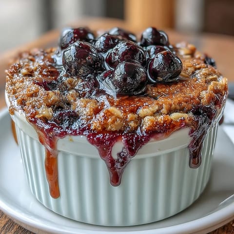 A golden-baked oatmeal studded with plump blueberries, topped with crunchy nuts and a drizzle of maple syrup.