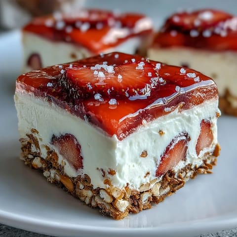 Chilled strawberry pretzel salad dessert bars, a perfect summer treat.