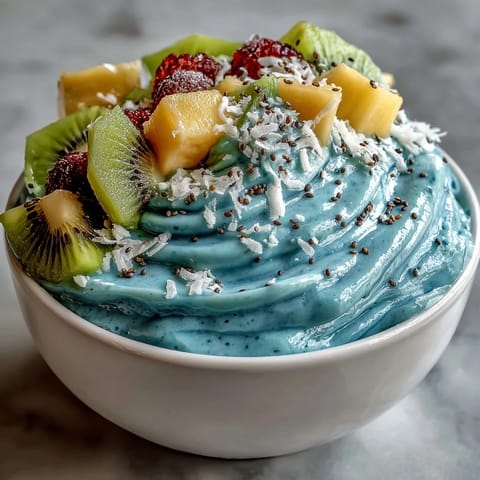 Creamy blue spirulina smoothie bowl piled high with healthy, colorful fruit.