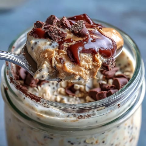 Creamy, thick Protein Cookie Dough Overnight Oats ready to eat after chilling.