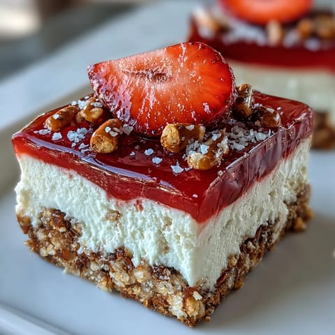 Sweet and salty strawberry pretzel salad bars with creamy cheesecake filling.