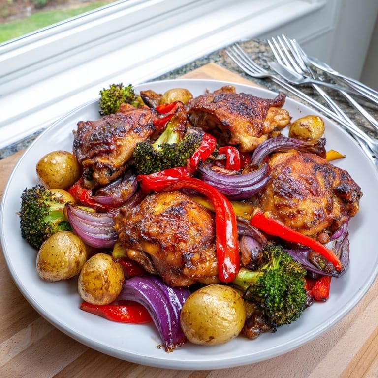 Juicy honey lemon roasted chicken sheet pan dinner served hot with tender potatoes and broccoli.