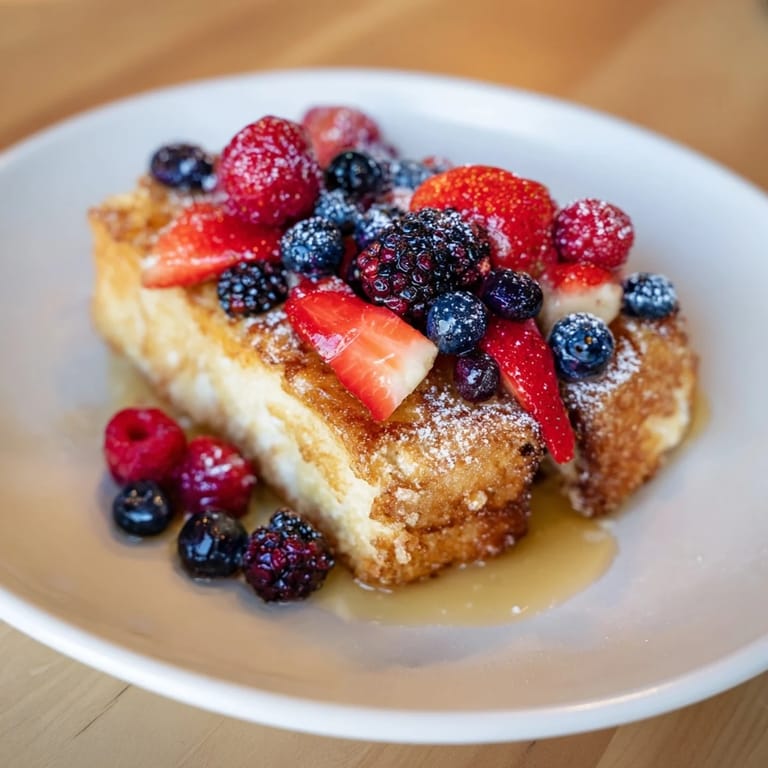 Fluffy French toast recipe featuring vibrant berries and dripping maple syrup, a perfect brunch treat.