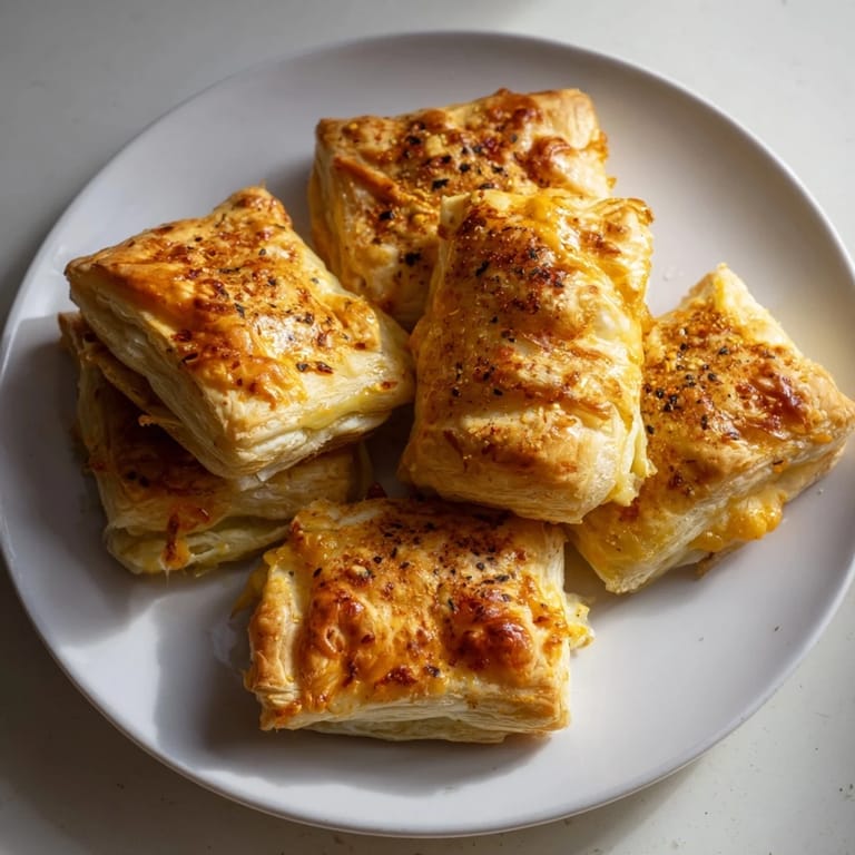 Crispy-topped Cheese and Spice Puff Pastry Bites offering a savory blend of spiced cheese for an easy snack.