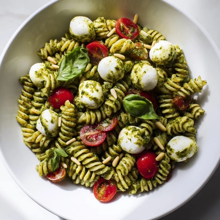 This refreshing cold pasta salad with pesto, mozzarella, and juicy tomatoes is perfectly drizzled.
