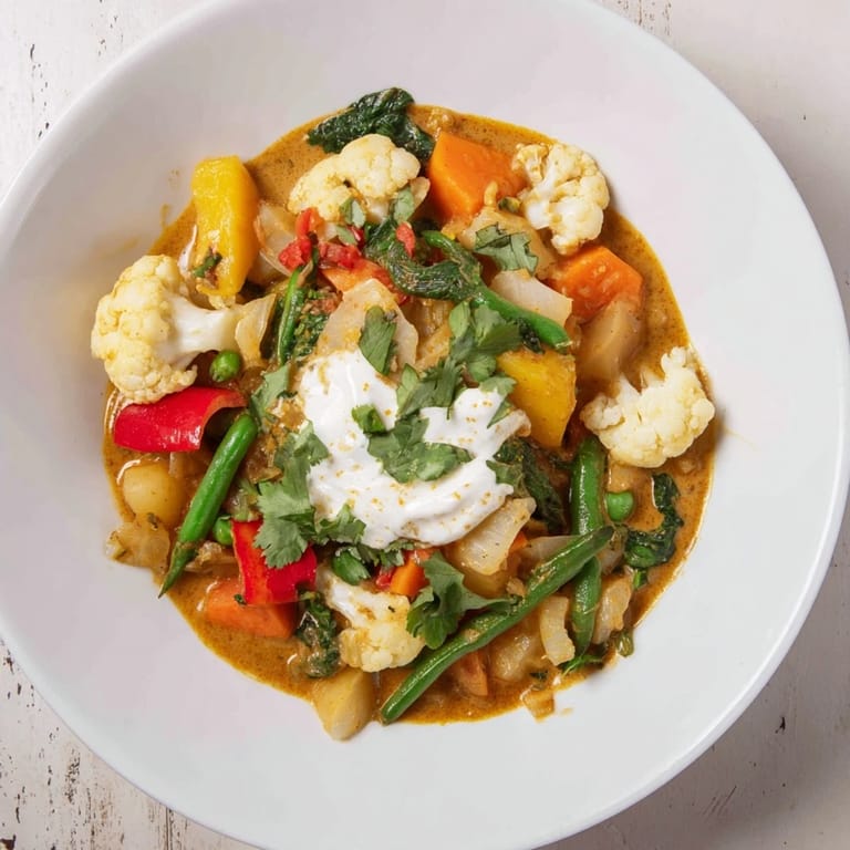Hot Waste-Free Vegetarian Curry, with fresh cilantro and a swirl of yogurt alongside fluffy rice.