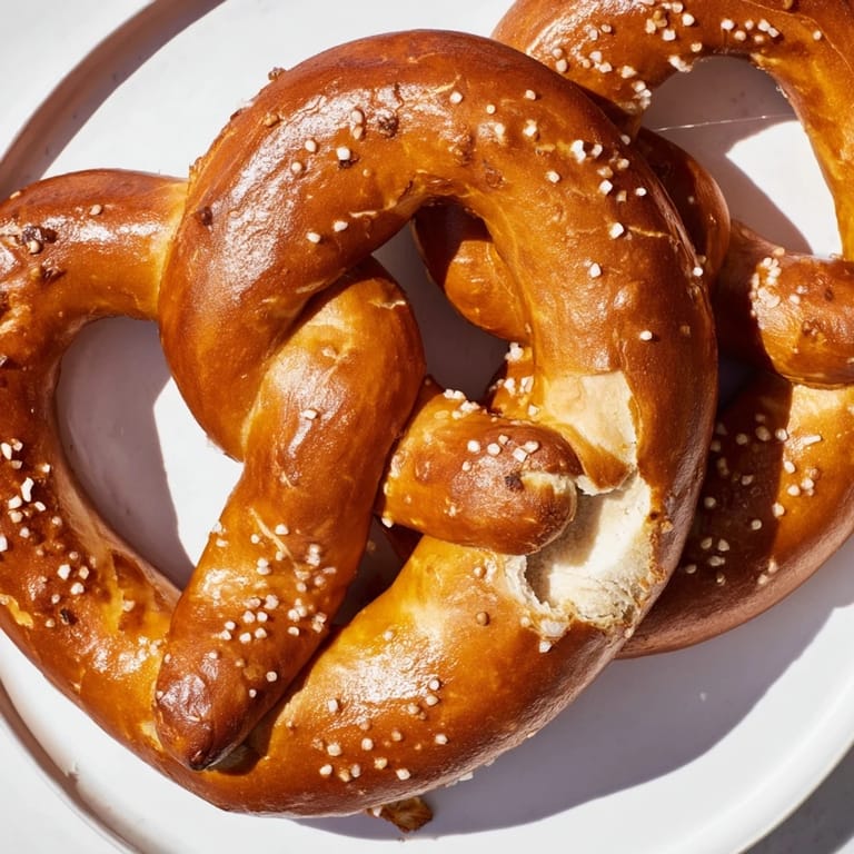 A close-up of freshly baked homemade soft pretzels, sprinkled with coarse salt, so delicious.