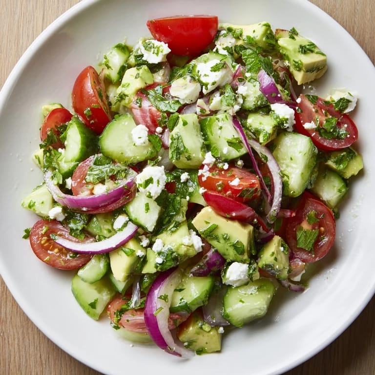 Bright red tomatoes and creamy avocado shine in this Fresh Cucumber Tomato Avocado Salad.