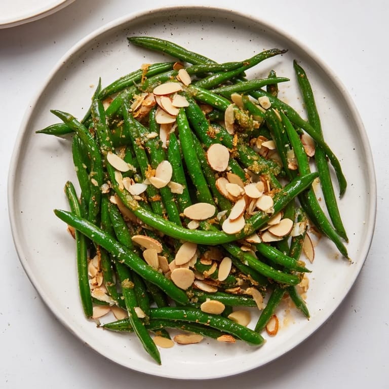 Crispy Sautéed Green Beans with Garlic and Almonds: a delicious vegetarian side dish ready to be served and enjoyed.