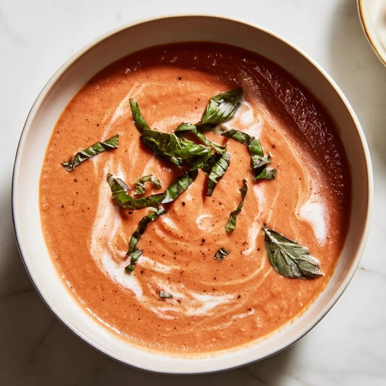 Creamy homemade Comfort Soup simmering in a pot, the tomato and basil scents filling the kitchen.