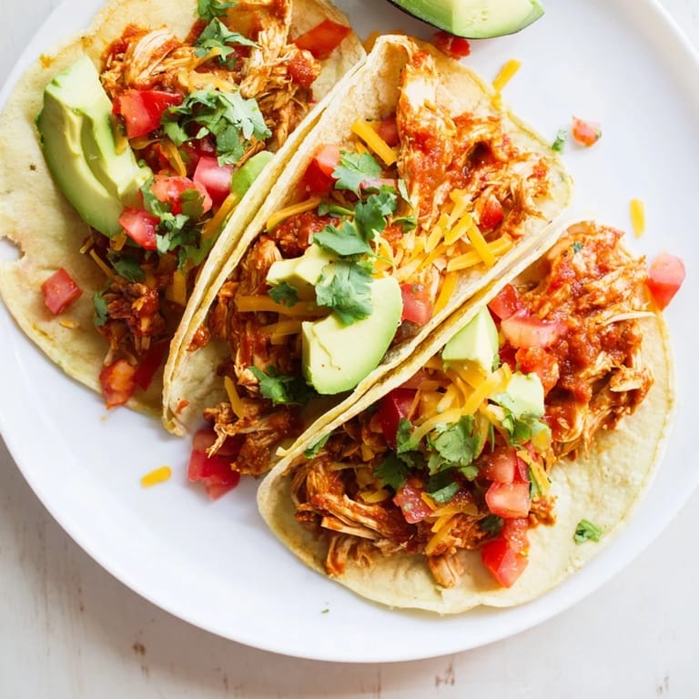 A close-up of juicy Slow Cooker Shredded Chicken Tacos topped with fresh cilantro and lime wedges.