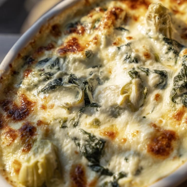 This picture shows a delicious, golden brown Warm Spinach and Artichoke Dip, ready to be enjoyed.
