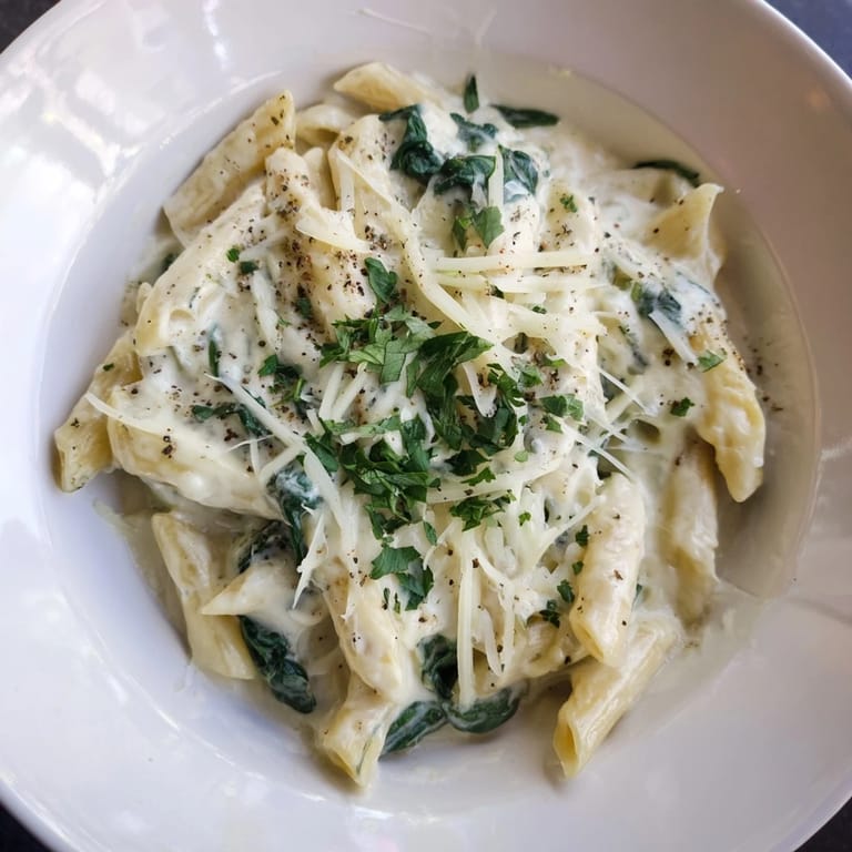A close-up of The Magic Casserole showcasing the fresh, green spinach and bubbly cheese sauce.