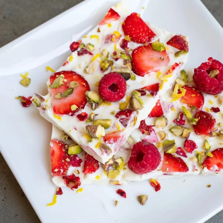 This frozen yogurt bark features sweet Greek yogurt layered with fresh raspberries, a satisfying light dessert.