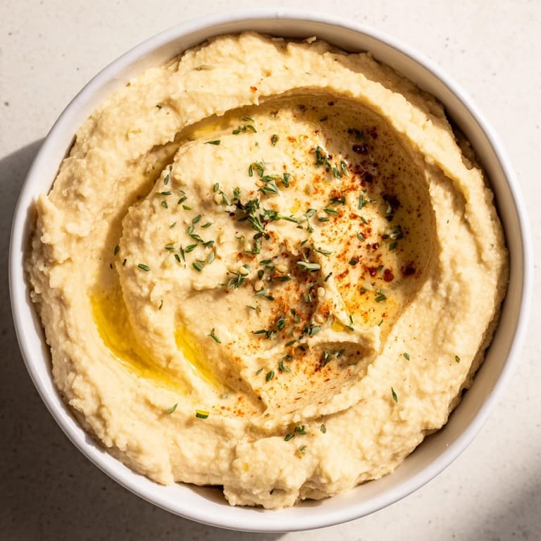 The bright yellow Perfect 5-Minute Homemade Hummus is drizzled with olive oil and sprinkled with paprika.