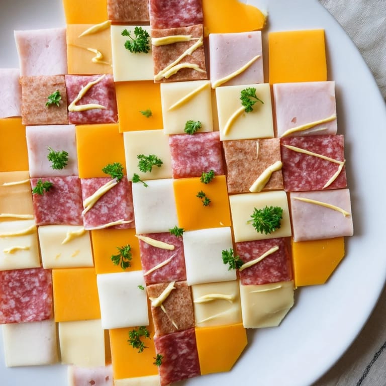 Delectable "Patchwork Quilt" appetizer arranged beautifully with meat, cheese, and mustard for serving.