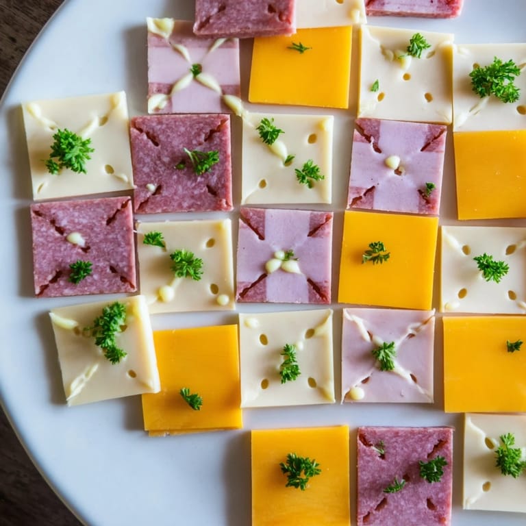 Vibrant "Patchwork Quilt" design featuring meat, cheese, and mustard, a perfect party appetizer.