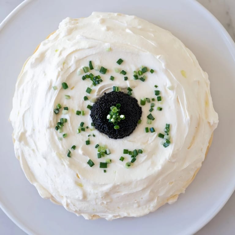 A close-up view of The Diamond Inlay: rich caviar gleaming within a ring of soft cream.