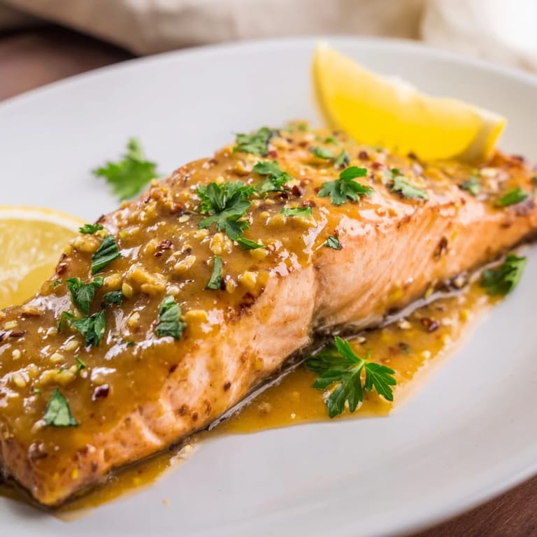 Fork-tender honey mustard glazed salmon, glistening on a plate, perfect for a quick dinner.