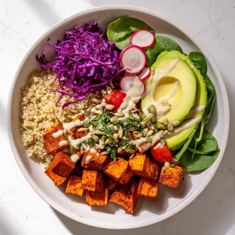 A satisfying complete veggie bowl with a medley of textures: fluffy quinoa and crisp veggies.