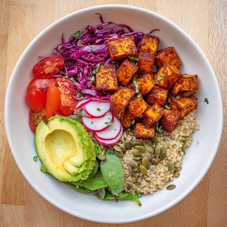 Freshly prepared complete veggie bowl featuring a creamy tahini dressing, ready to eat.