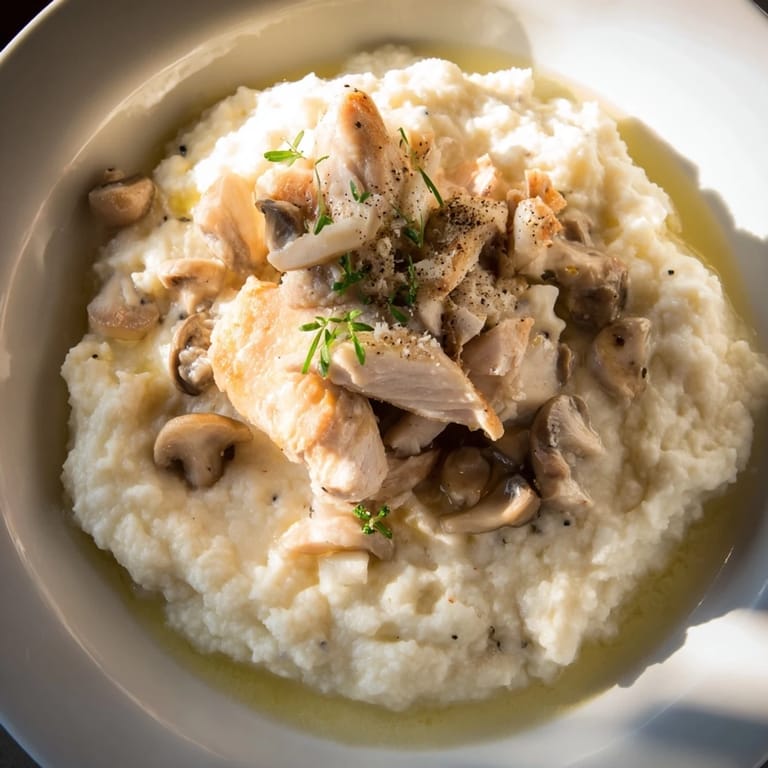 Imagine the Ghostly Gala: tender white chicken with pureed cauliflower and sauteed mushrooms.