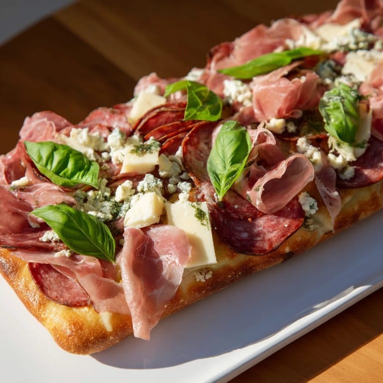 Shareable rustic Raft flatbread appetizer, laden with sliced meats, assorted cheeses, and fresh vegetables for sharing.