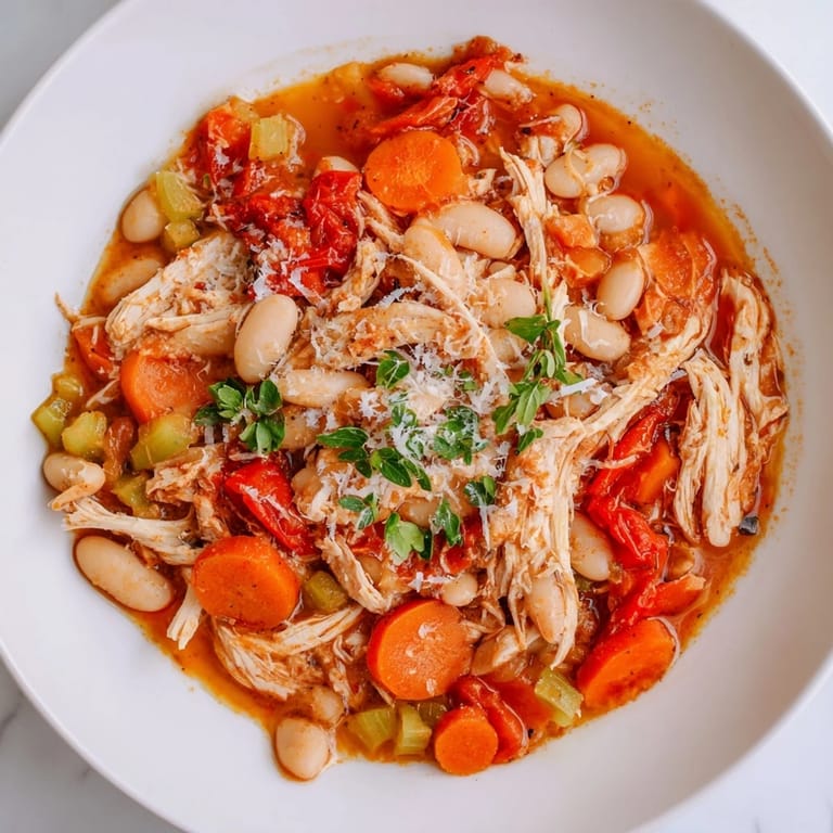 Spoonful of flavorful White Bean and Roasted Red Pepper Chicken, ready to be served with crusty bread.