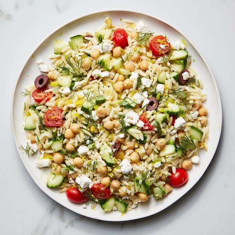 Close-up of a flavorful Greek Lemon-Orzo Bean Salad, perfect as a light, refreshing vegetarian lunch or side.