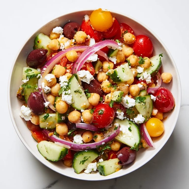 Enjoy a refreshing Mediterranean Chickpea and Feta Bowl, brimming with Kalamata olives and zesty lemon dressing.