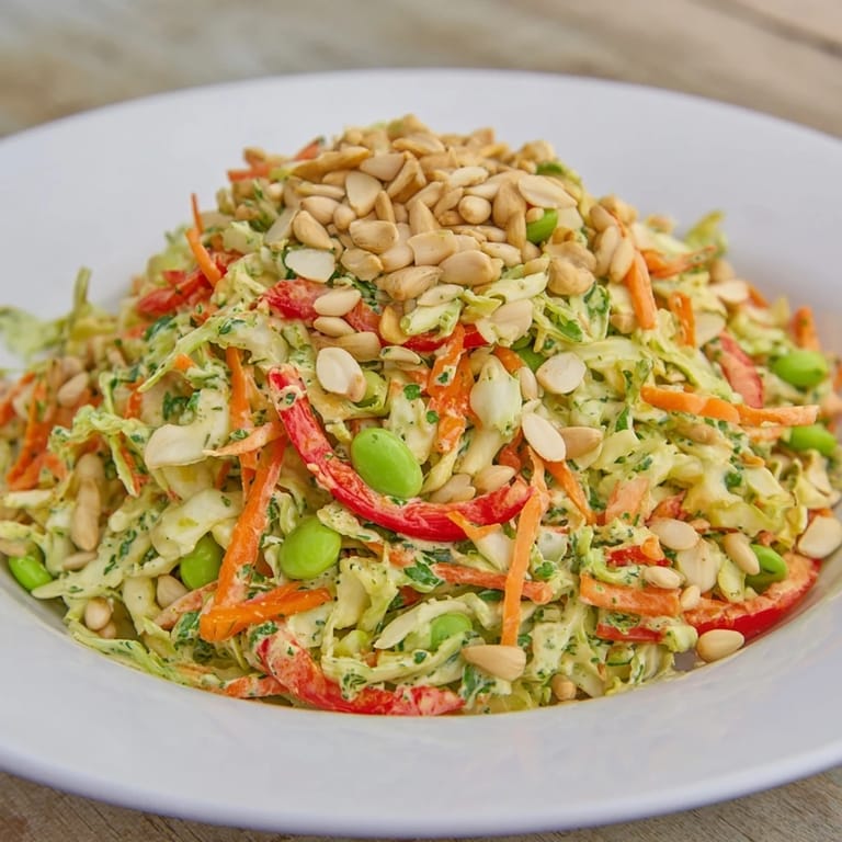 A bowl of Crunchy Cabbage and Edamame Salad with a sprinkle of nuts, inviting you for a light lunch.