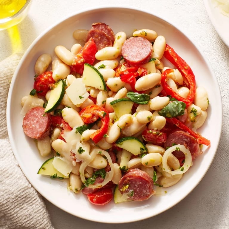 Enjoy the delicious Italian Antipasto Bean Salad with salami, olives, and a tangy dressing, perfect for a light lunch.