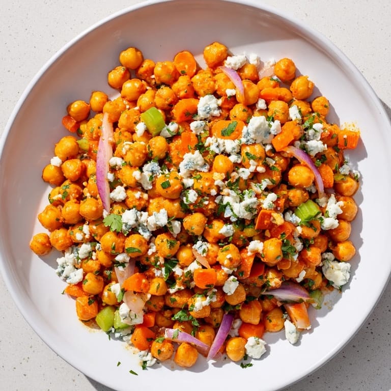 Creamy buffalo chicken bean salad topped with crumbled blue cheese, served as a refreshing vegetarian lunch.