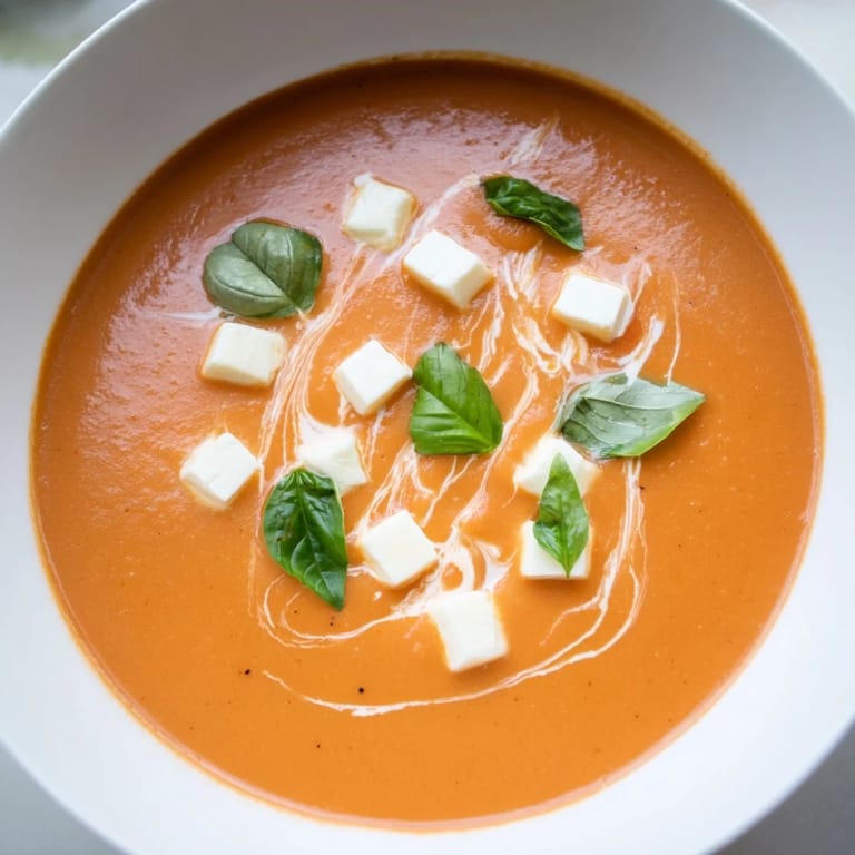 Vibrant red Creamy Tomato Mozzarella Soup, with melted mozzarella, offering comfort food goals.