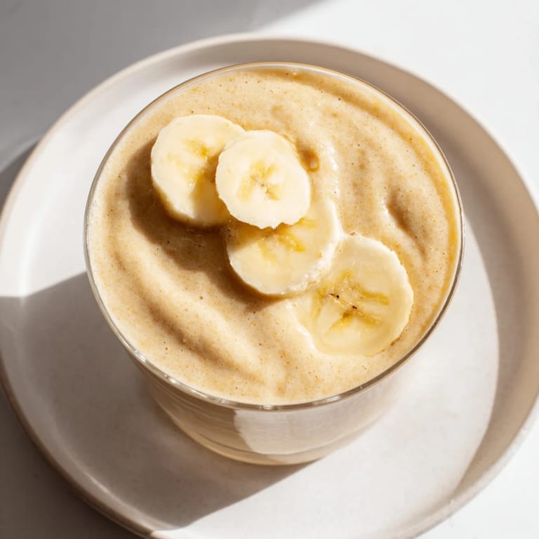Enjoy a cold, vibrant Peanut Butter Banana Smoothie; the rich peanut butter flavor shines brightly.