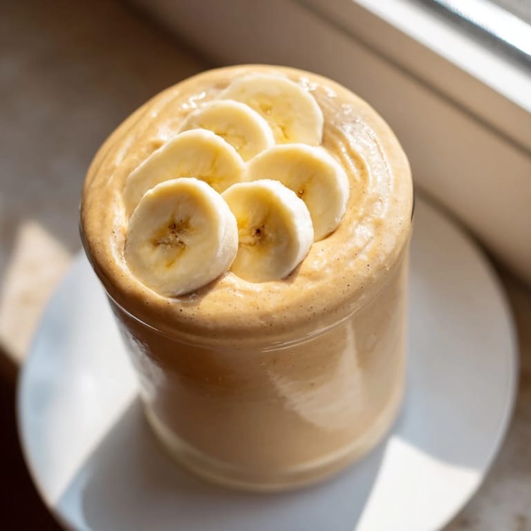 This thick, decadent Peanut Butter Banana Smoothie is perfectly blended, topped with a banana slice.