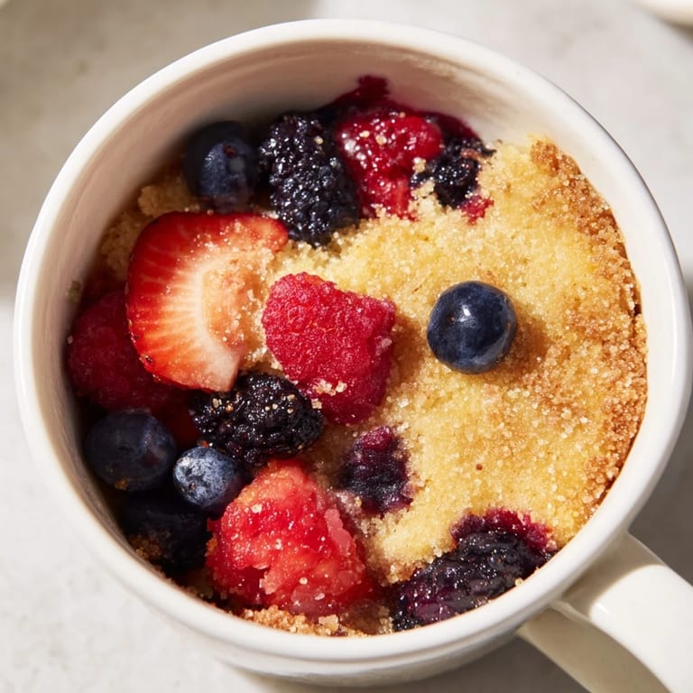 Enjoy a quick treat: A delicious Mixed Berry Cobbler Mug Cake, ready in just minutes!