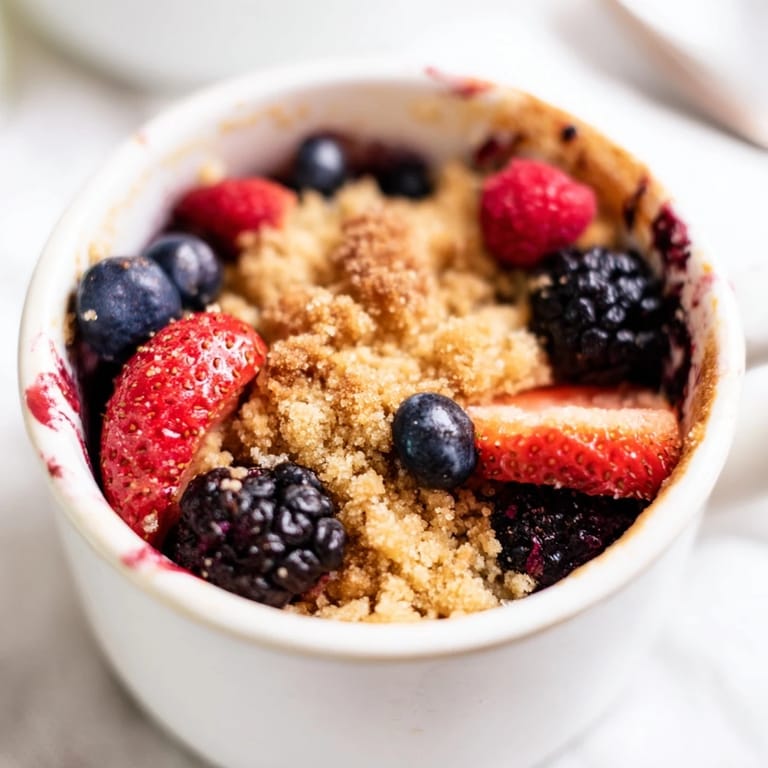 A close-up of a Mixed Berry Cobbler Mug Cake, showcasing plump berries under a fluffy topping.