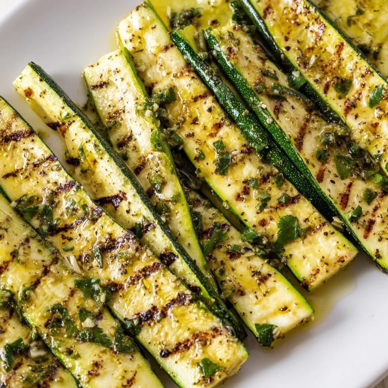 Close up of sizzling Garlic Herb Grilled Zucchini with perfect grill marks, ready to enjoy as a side dish.