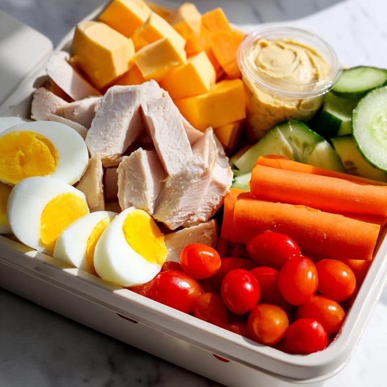 Fresh and vibrant protein snack boxes featuring chicken, eggs, and veggies with hummus and crackers.
