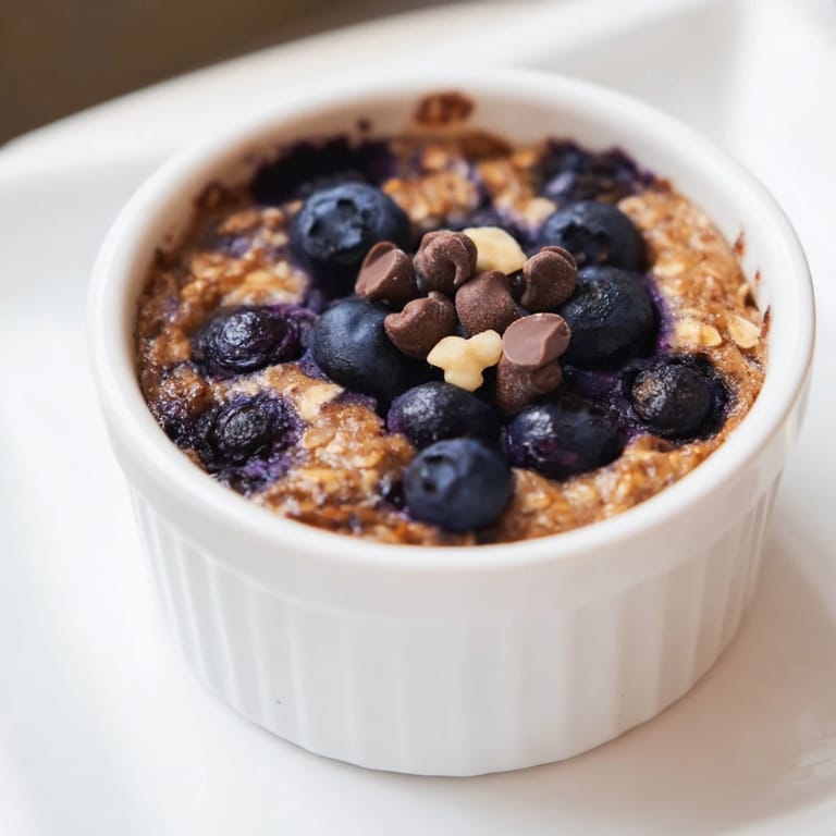 Close-up of a ramekin filled with fluffy Blueberry Baked Oats, garnished with fresh blueberries and nuts.