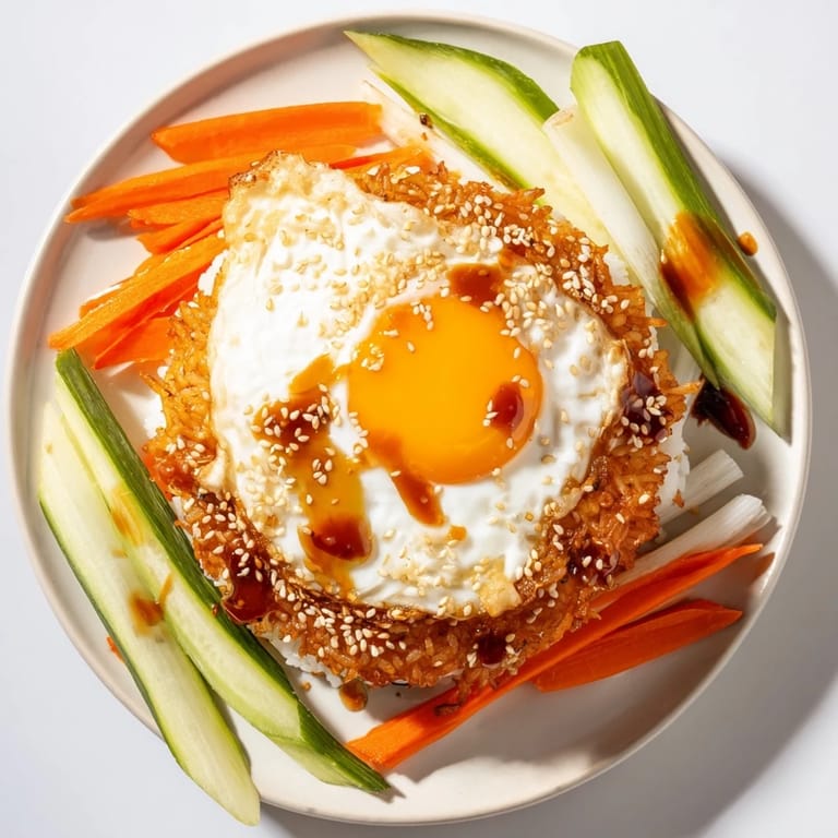 A satisfying crispy egg rice bowl: imagine the crunchy rice, runny yolk, and fresh vegetable toppings.