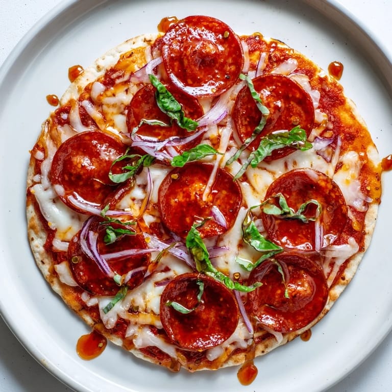 A close-up of a sizzling Hot Honey Pepperoni Flatbread, ready to slice and enjoy with friends.
