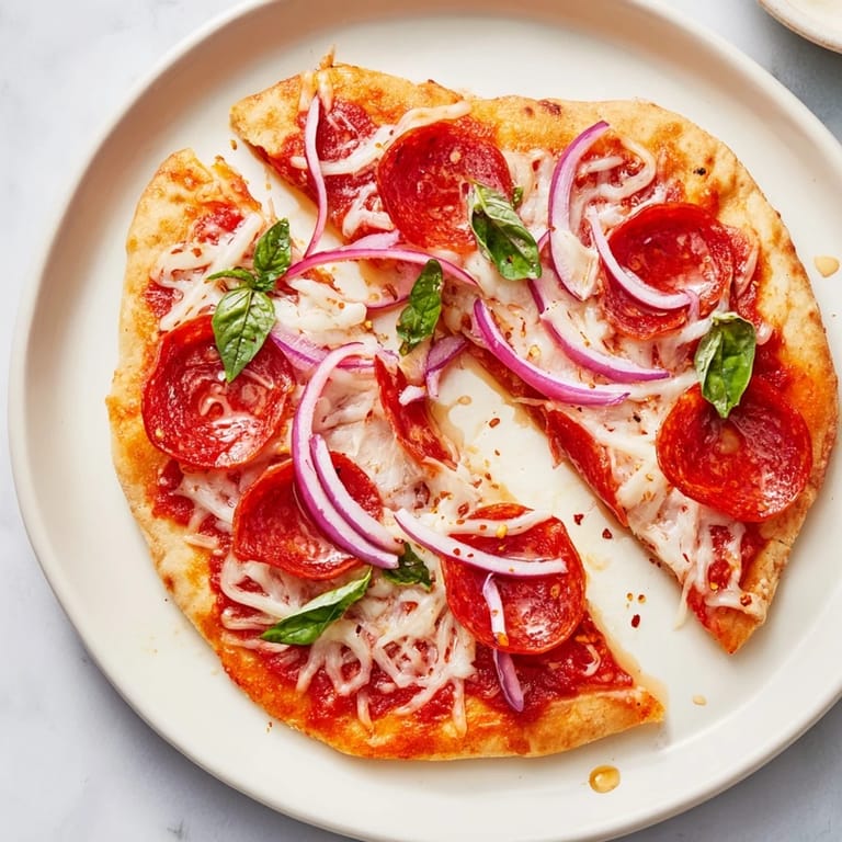 Cheesy and spicy Hot Honey Pepperoni Flatbread, loaded with toppings and fragrant basil garnish.